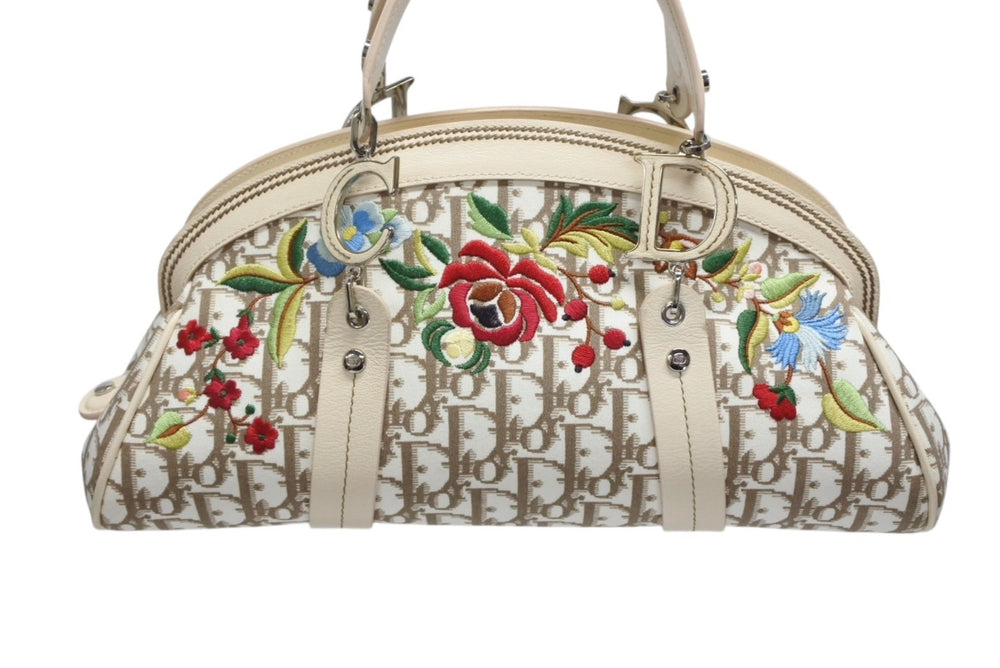 Christian Dior Trotter Handbag Floral Embroidery 05-MA-0035 Canvas Beige Good Condition Used 4b008618