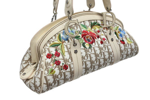 Christian Dior クリスチャンディオール トロッター ハンドバッグ 花柄 刺繍 05-MA-0035 キャンバス ベージュ 美品 中古 4b008618