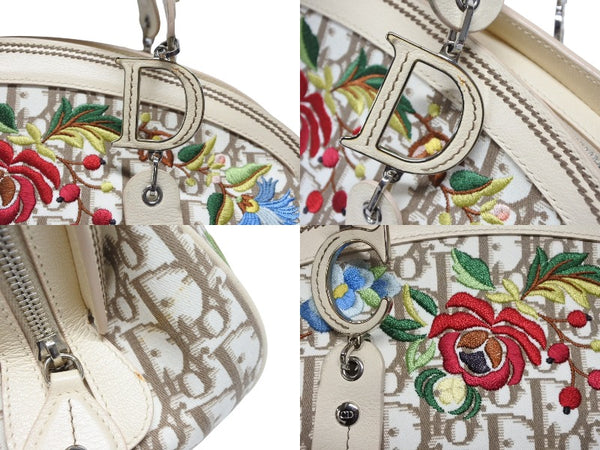 Christian Dior クリスチャンディオール トロッター ハンドバッグ 花柄 刺繍 05-MA-0035 キャンバス ベージュ 美品 中古 4b008618