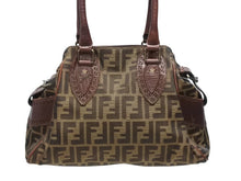 画像をギャラリービューアに読み込む, FENDI フェンディ ズッカ柄 エトニコ ハンドバッグ ブラウン ロゴ キャンバス レザー 美品 中古 4b008633