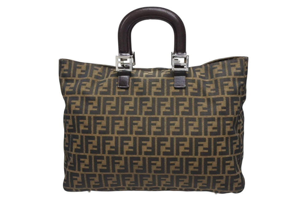 FENDI フェンディ ハンドバッグ トートバッグ ズッカ柄 26329 キャンバス レザー ブラウン シルバー金具 美品 中古 4b008638