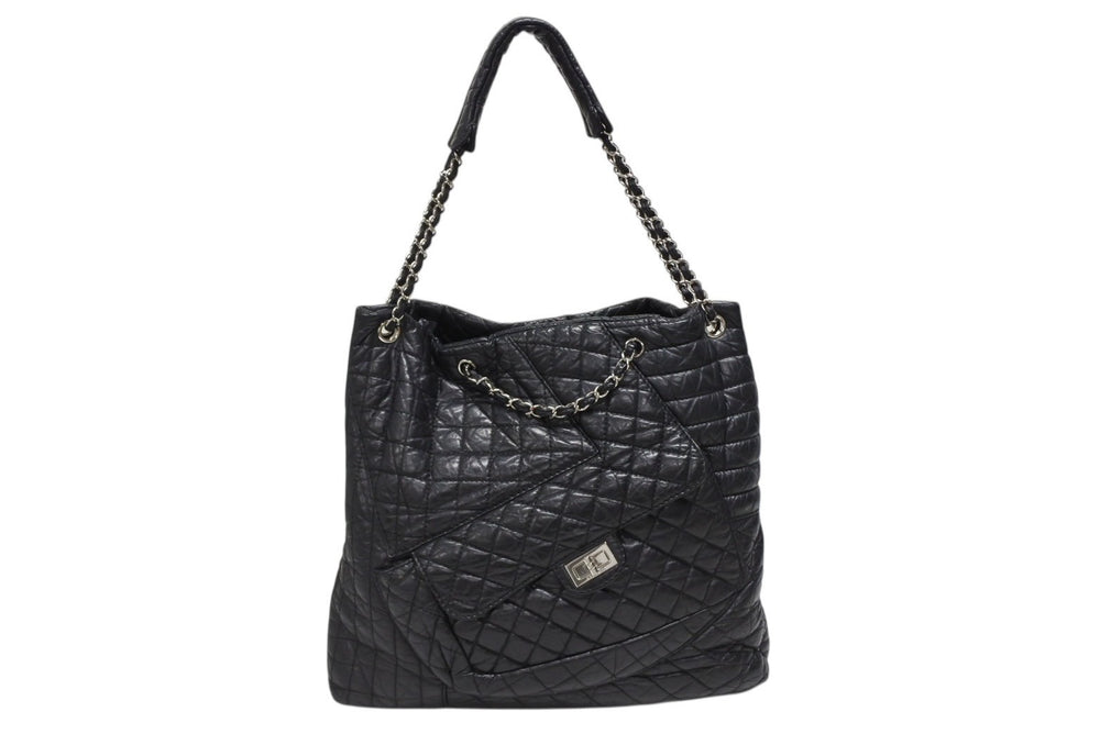 CHANEL シャネル 2.55 マルチポケット チェーンショルダー トートバッグ 13番台 ブラック カーフスキン シルバー金具 美品 中古 4b008641