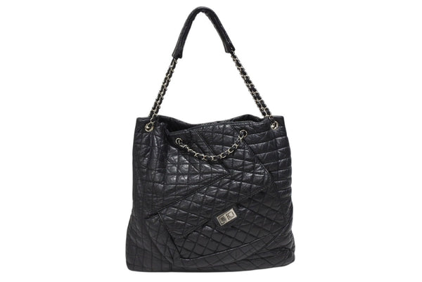 CHANEL シャネル 2.55 マルチポケット チェーンショルダー トートバッグ 13番台 ブラック カーフスキン シルバー金具 美品 中古 4b008641