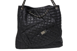 CHANEL シャネル 2.55 マルチポケット チェーンショルダー トートバッグ 13番台 ブラック カーフスキン シルバー金具 美品 中古 4b008641