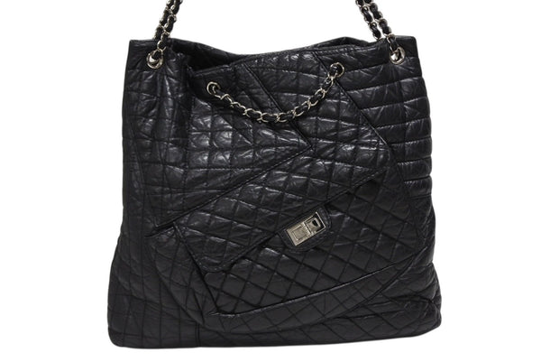 CHANEL シャネル 2.55 マルチポケット チェーンショルダー トートバッグ 13番台 ブラック カーフスキン シルバー金具 美品 中古 4b008641