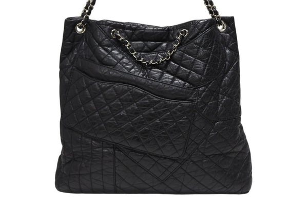 CHANEL シャネル 2.55 マルチポケット チェーンショルダー トートバッグ 13番台 ブラック カーフスキン シルバー金具 美品 中古 4b008641