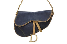 Load image into Gallery viewer, CHRISTIAN DIOR クリスチャンディオール サドルバッグ ワンショルダーバッグ RU 1012 ブルー ベージュ ゴールド金具 美品 中古 4b008653