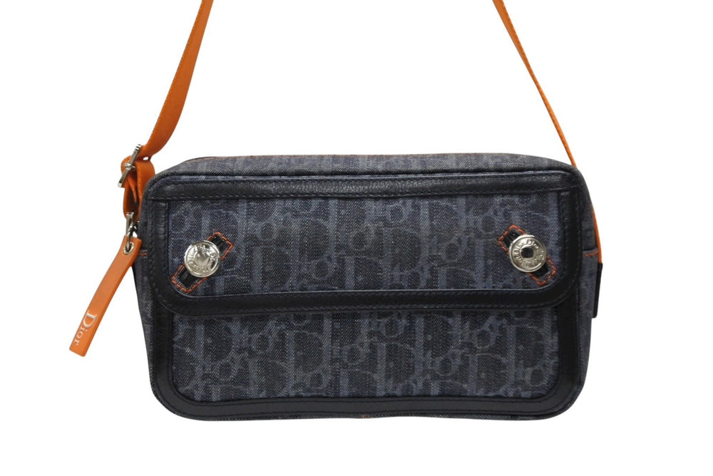 Christian Dior クリスチャンディオール ワンショルダーバッグ オレンジ ネイビー デニム レザー シルバー金具 美品 中古 4b008666