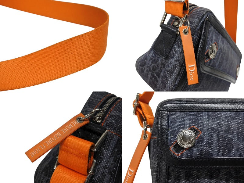 Christian Dior クリスチャンディオール ワンショルダーバッグ オレンジ ネイビー デニム レザー シルバー金具 美品 中古 4b008666