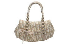 画像をギャラリービューアに読み込む, Christian Dior クリスチャンディオール トロッター リボン チェーン ハンドバッグ 01-RU-0065 ベージュ PVC ベロア シルバー金具 美品 中古 4b008676