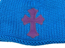 画像をギャラリービューアに読み込む, 未使用 CHROME HEARTS クロムハーツ クロスパッチ ニットキャップ ビーニー カシミヤ レザー シルバー925 パープル ブルー 中古 4b008696