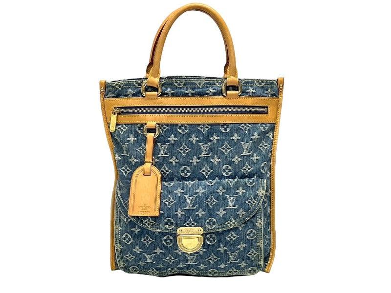 極美品 LOUIS VUITTON ルイヴィトン フラットショッパー ハンドバッグ M95018 モノグラム デニム ブルー ゴールド金具 中古 4b009045