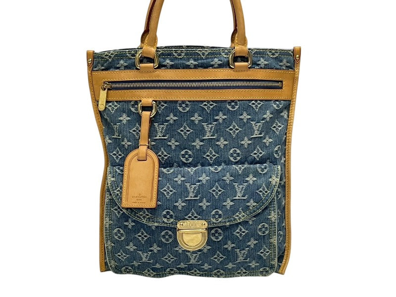 極美品 LOUIS VUITTON ルイヴィトン フラットショッパー ハンドバッグ M95018 モノグラム デニム ブルー ゴールド金具 中古 4b009045