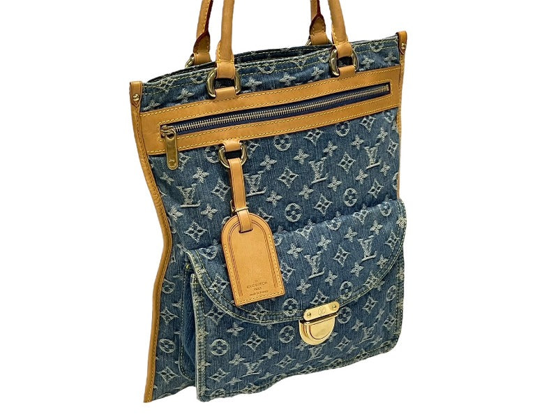 Very good condition LOUIS VUITTON flat shopper handbag M95018 monogram denim blue gold hardware used 4b009045