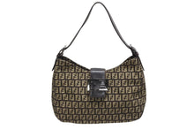 画像をギャラリービューアに読み込む, FENDI フェンディ ズッキーノ ワンショルダーバッグ 8BR036 キャンバス レザー ブラウン ベージュ ブラックメタル金具 美品 中古 4b009076