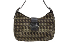 画像をギャラリービューアに読み込む, FENDI フェンディ ズッキーノ ワンショルダーバッグ 8BR036 キャンバス レザー ブラウン ベージュ ブラックメタル金具 美品 中古 4b009076