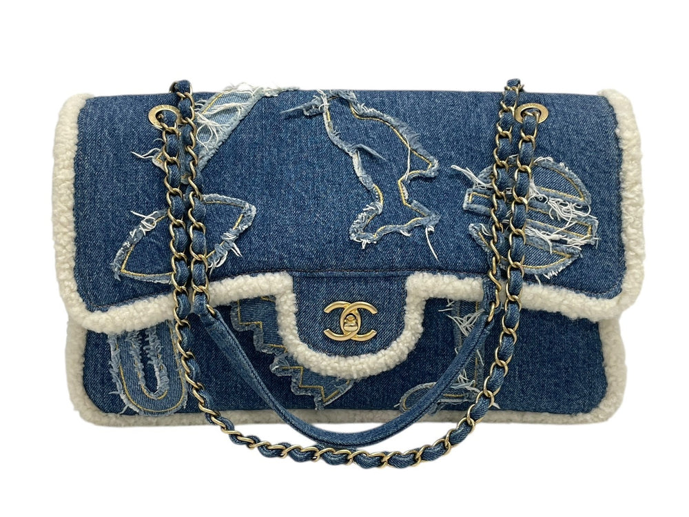 極美品 CHANEL シャネル パッチワーク デニム ムートンショルダーバッグ ジャンボ 36cm エジプトライン 28番台 ブルー ゴールド金具 中古 4b009115