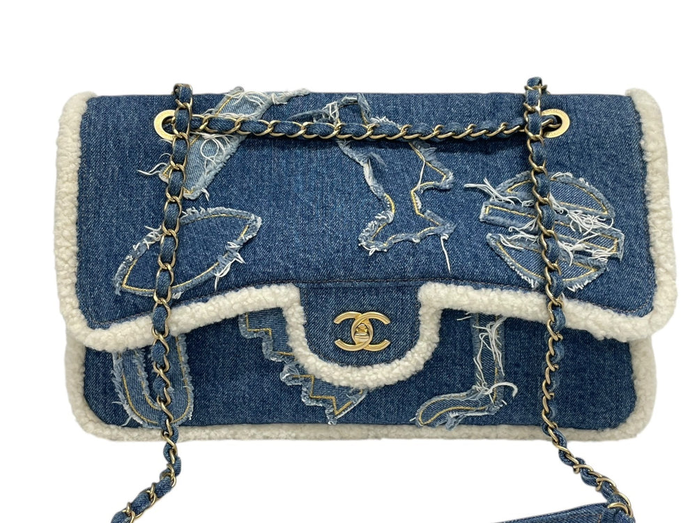 極美品 CHANEL シャネル パッチワーク デニム ムートンショルダーバッグ ジャンボ 36cm エジプトライン 28番台 ブルー ゴールド金具 中古 4b009115