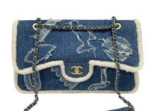 極美品 CHANEL シャネル パッチワーク デニム ムートンショルダーバッグ ジャンボ 36cm エジプトライン 28番台 ブルー ゴールド金具 中古 4b009115