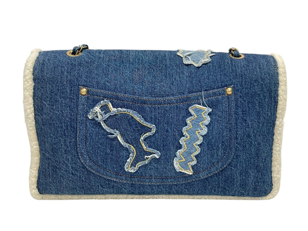 Very Good Condition CHANEL Patchwork Denim Mouton Shoulder Bag Jumbo 36cm Egypt Line 28th Series Blue Gold Hardware Used 4b009115