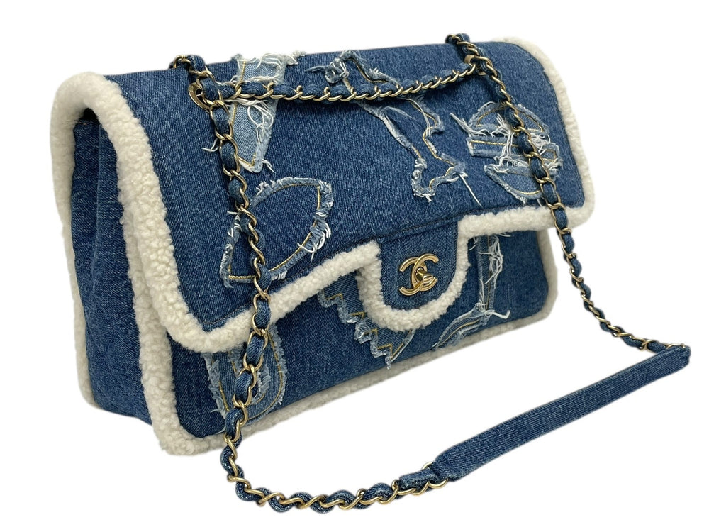 Very Good Condition CHANEL Patchwork Denim Mouton Shoulder Bag Jumbo 36cm Egypt Line 28th Series Blue Gold Hardware Used 4b009115