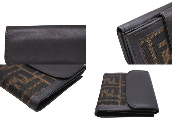 FENDI フェンディ ズッカ柄 二つ折り財布 コンパクトウォレット イタリア製 キャンバス レザー ブラウン 美品 中古 4b009184
