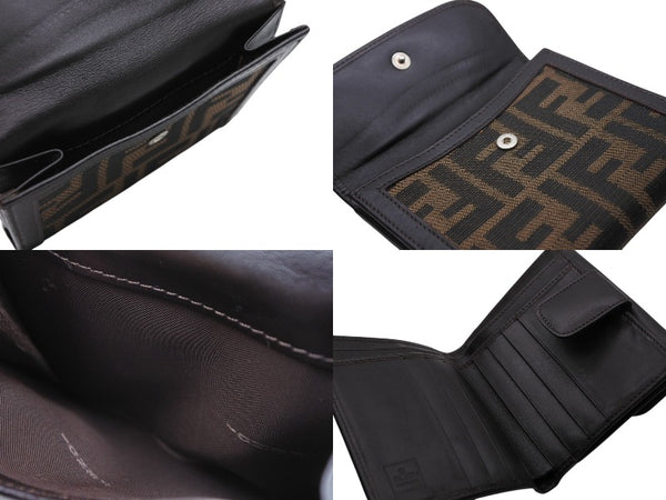 FENDI フェンディ ズッカ柄 二つ折り財布 コンパクトウォレット イタリア製 キャンバス レザー ブラウン 美品 中古 4b009184