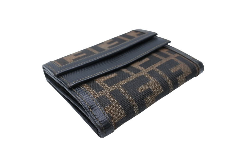 FENDI Zucca Pattern Trifold Wallet Compact Wallet Made in Italy Canvas Leather Brown Gold Hardware Good Condition Used 4b009185