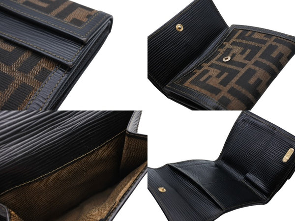 FENDI フェンディ ズッカ柄 三つ折り財布 コンパクトウォレット イタリア製 キャンバス レザー ブラウン ゴールド金具 美品 中古 4b009185