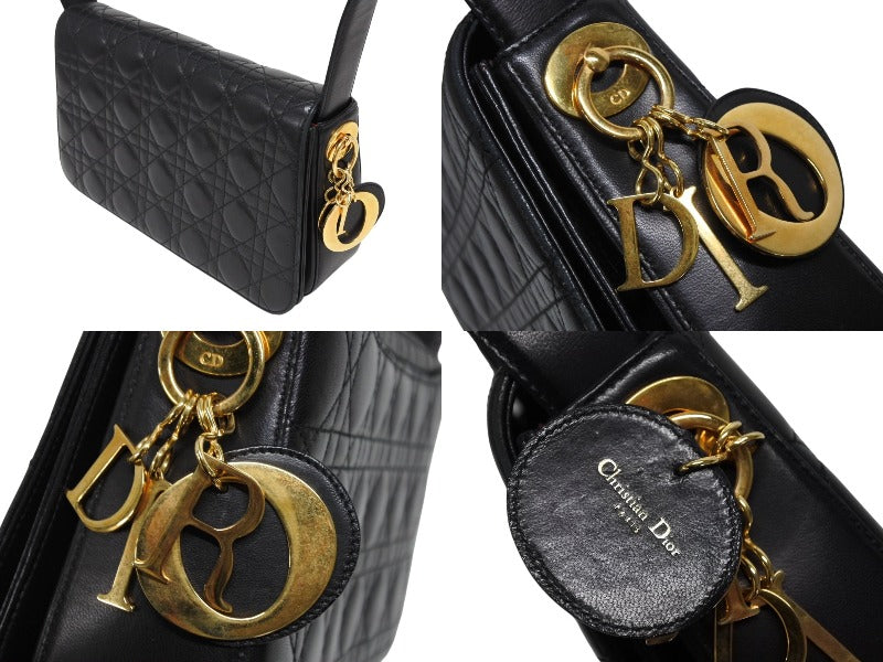 CHRISTIAN DIOR クリスチャンディオール カナージュ ワンショルダーバッグ ラムスキン ブラック ゴールド金具 美品 中古 4b009198