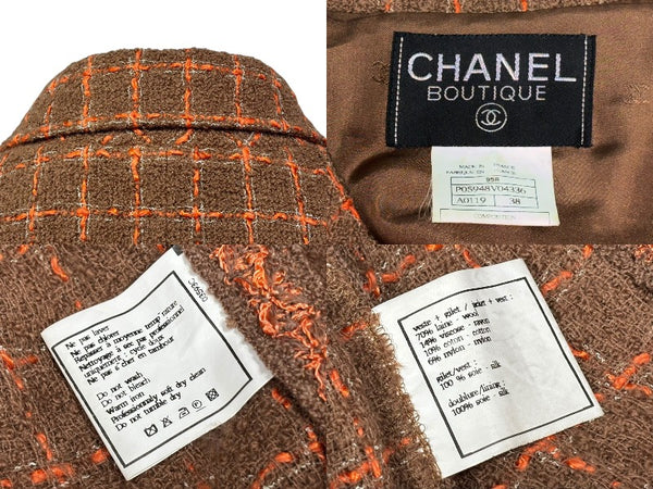 極美品 CHANEL シャネル ツイード テーラードジャケット P05948V04336 サイズ38 シングル ココマーク ブラウン オレンジ 中古 4b009200