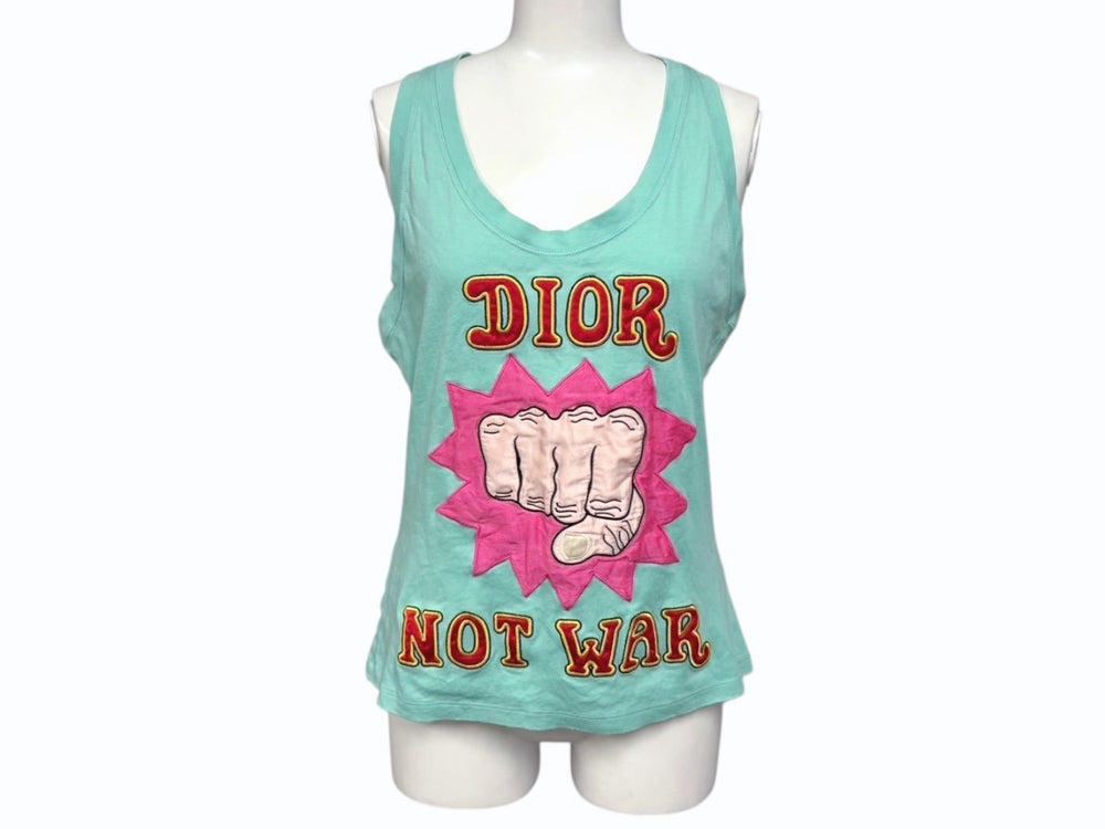 極美品 Christian Dior クリスチャンディオール NOT WAR タンクトップ ノースリーブ 5E16155080 サイズ42 ブルー 刺繍 中古 4b009202