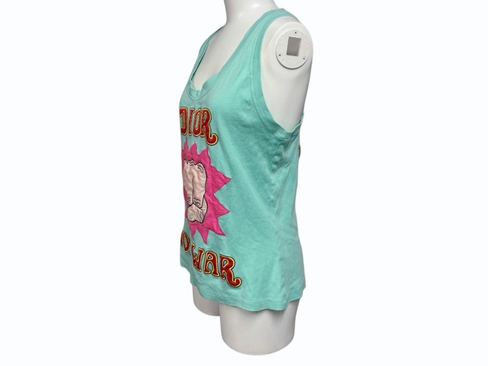Very Good Condition Christian Dior NOT WAR Tank Top Sleeveless 5E16155080 Size 42 Blue Embroidery Used 4b009202