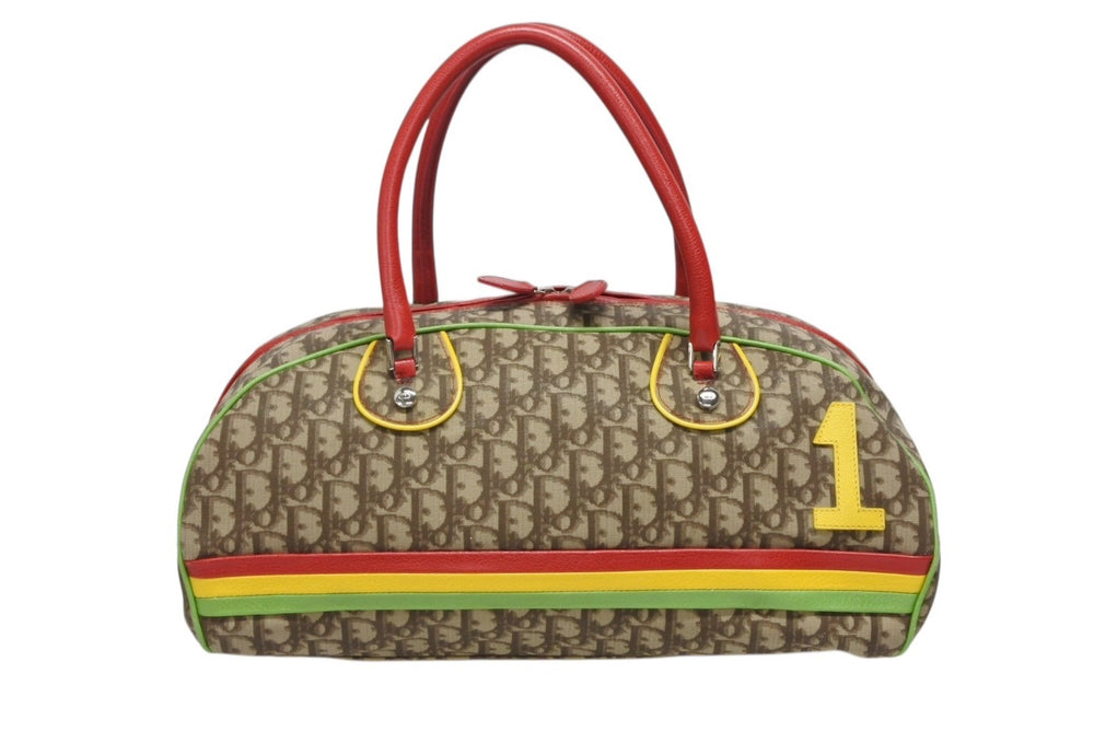 Christian Dior Handbag Boston Bag 01RU 0084 Trotter Rasta Color Brown Silver Hardware Good Condition Used 4b009211