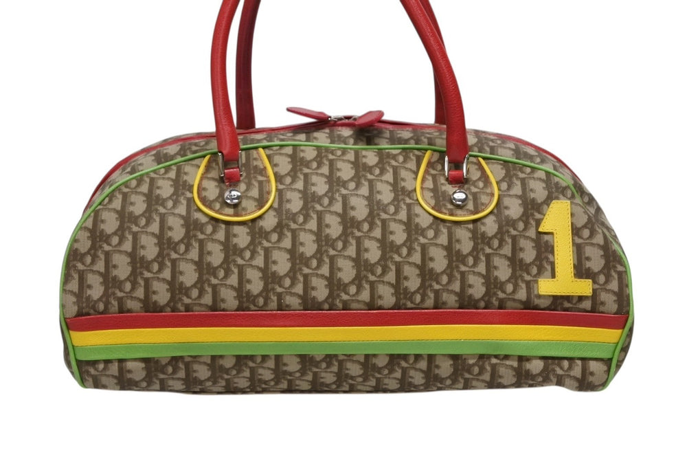 Christian Dior Handbag Boston Bag 01RU 0084 Trotter Rasta Color Brown Silver Hardware Good Condition Used 4b009211