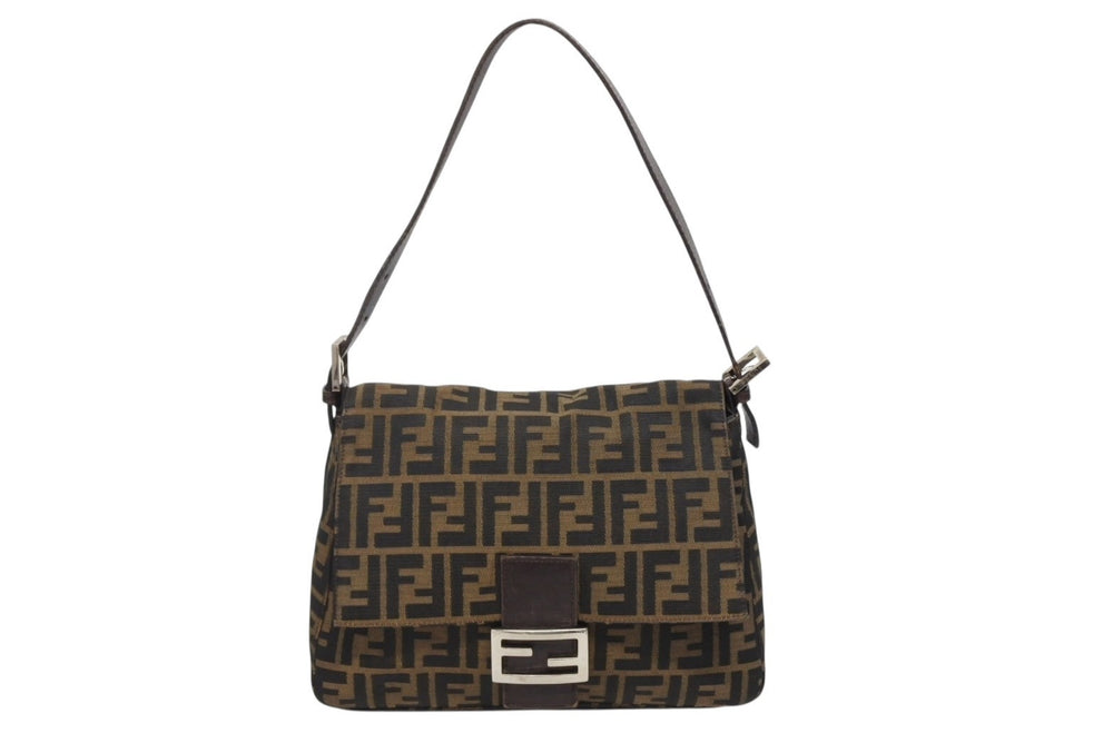 FENDI フェンディ マンマバケット ショルダーバッグ ズッカ柄 コットンキャンバス レザー ブラウン シルバー金具 美品 中古 4b009231