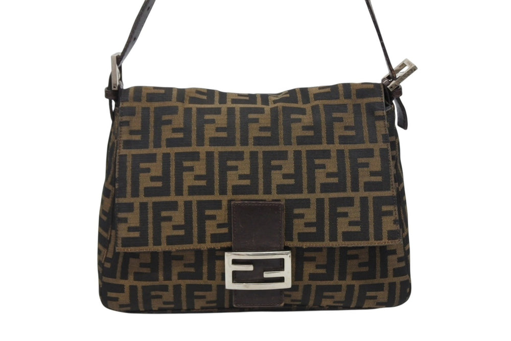 FENDI フェンディ マンマバケット ショルダーバッグ ズッカ柄 コットンキャンバス レザー ブラウン シルバー金具 美品 中古 4b009231