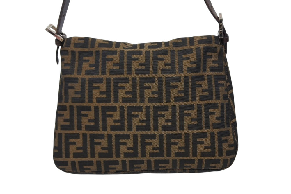 FENDI Mamma Bucket Shoulder Bag Zucca Pattern Cotton Canvas Leather Brown Silver Hardware Good Condition Used 4b009231