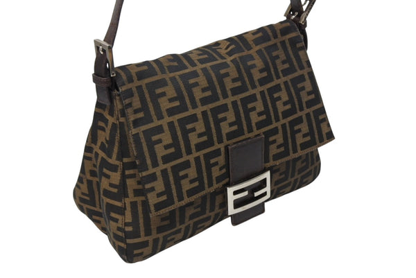 FENDI フェンディ マンマバケット ショルダーバッグ ズッカ柄 コットンキャンバス レザー ブラウン シルバー金具 美品 中古 4b009231
