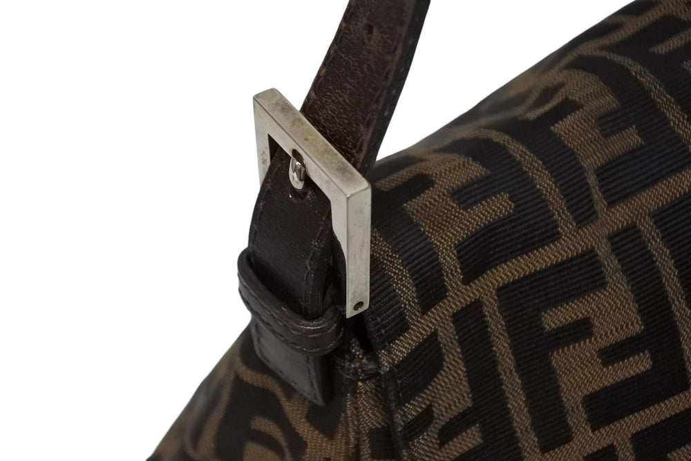 FENDI Mamma Bucket Shoulder Bag Zucca Pattern Cotton Canvas Leather Brown Silver Hardware Good Condition Used 4b009231