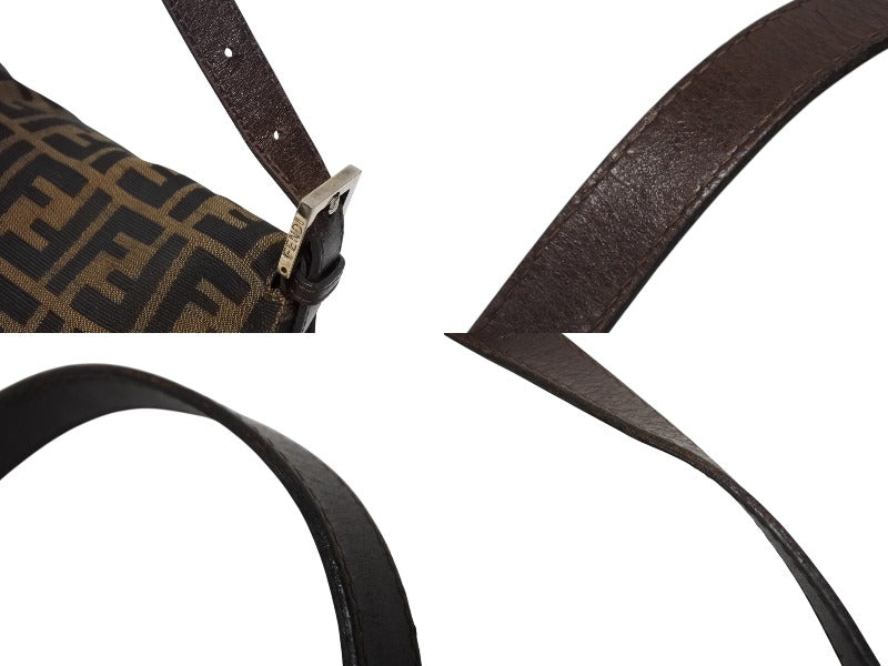 FENDI Mamma Bucket Shoulder Bag Zucca Pattern Cotton Canvas Leather Brown Silver Hardware Good Condition Used 4b009231