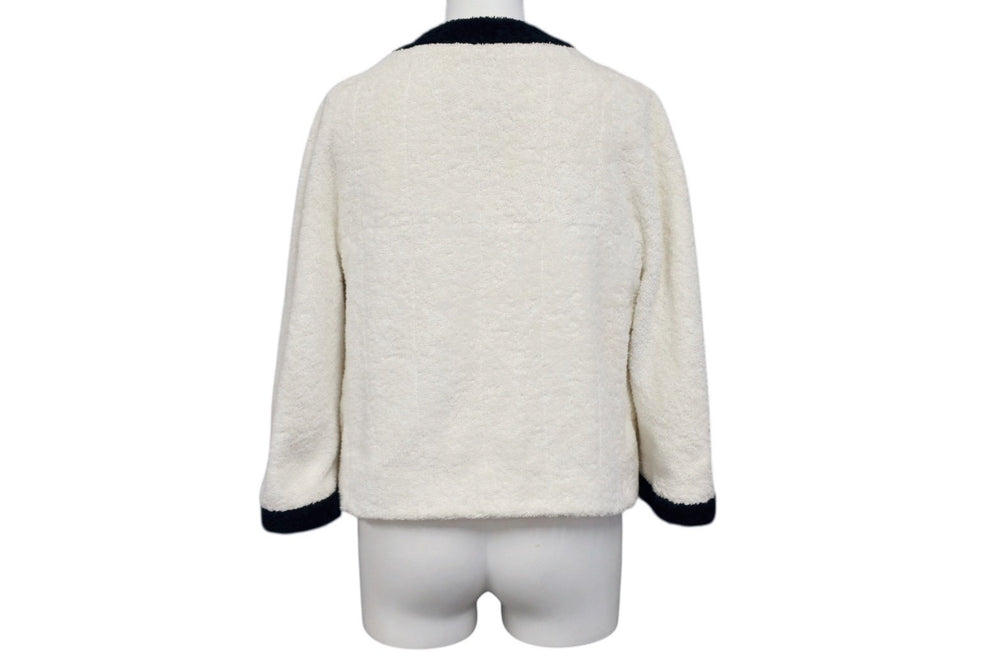 CHANEL シャネル VINTAGE ヴィンテージ テリークロス ノーカラージャケット ココマーク パイル オフホワイト ブラック 美品 中古 4b009248