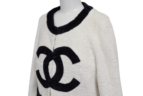 CHANEL シャネル VINTAGE ヴィンテージ テリークロス ノーカラージャケット ココマーク パイル オフホワイト ブラック 美品 中古 4b009248