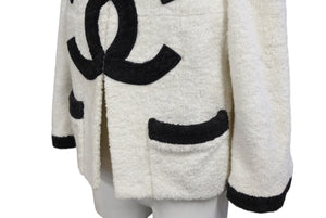 CHANEL シャネル VINTAGE ヴィンテージ テリークロス ノーカラージャケット ココマーク パイル オフホワイト ブラック 美品 中古 4b009248