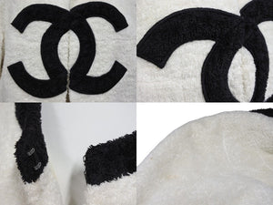 CHANEL シャネル VINTAGE ヴィンテージ テリークロス ノーカラージャケット ココマーク パイル オフホワイト ブラック 美品 中古 4b009248