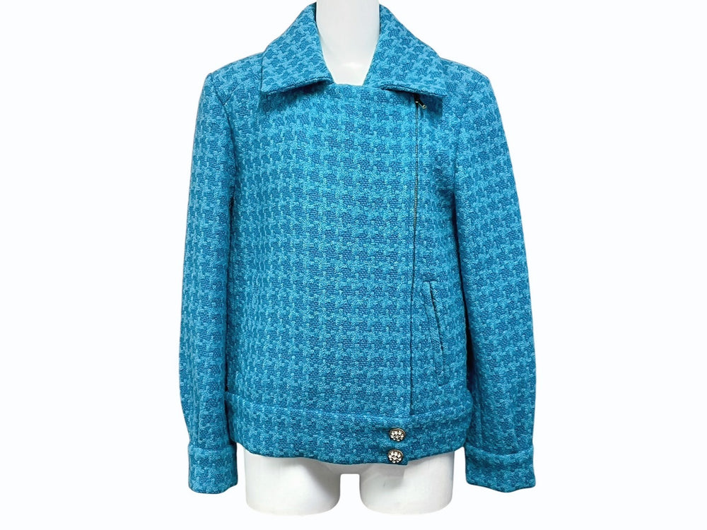 極美品 CHANEL シャネル ダブルライダースジャケット P62365V47860 サイズ36 ココマーク ウール ブルー 千鳥格子 中古 4b009249