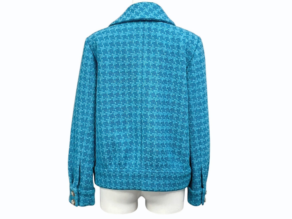 極美品 CHANEL シャネル ダブルライダースジャケット P62365V47860 サイズ36 ココマーク ウール ブルー 千鳥格子 中古 4b009249