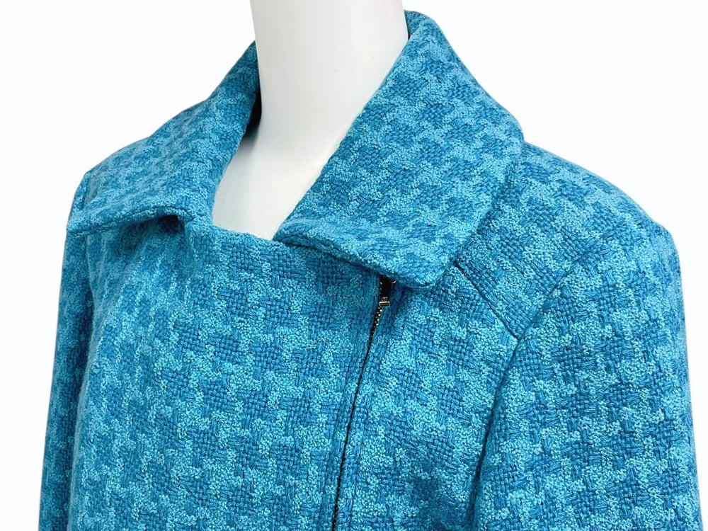 極美品 CHANEL シャネル ダブルライダースジャケット P62365V47860 サイズ36 ココマーク ウール ブルー 千鳥格子 中古 4b009249