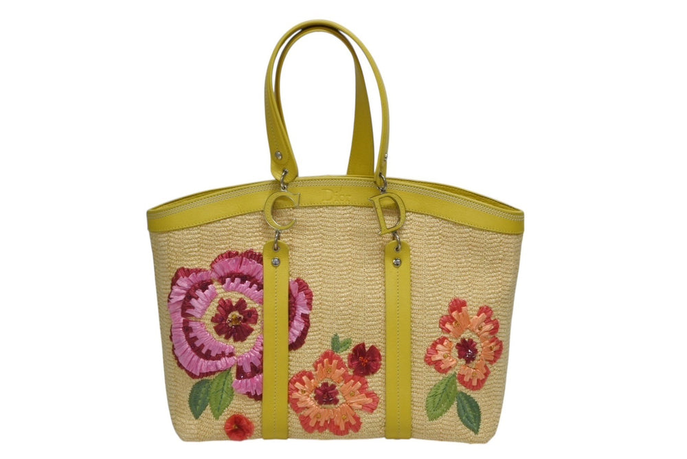 CHRISTIAN DIOR クリスチャンディオール トートバッグ ハンドバッグ フラワー 07-BO-1005 ラフィア レザー 美品 中古 4b009267