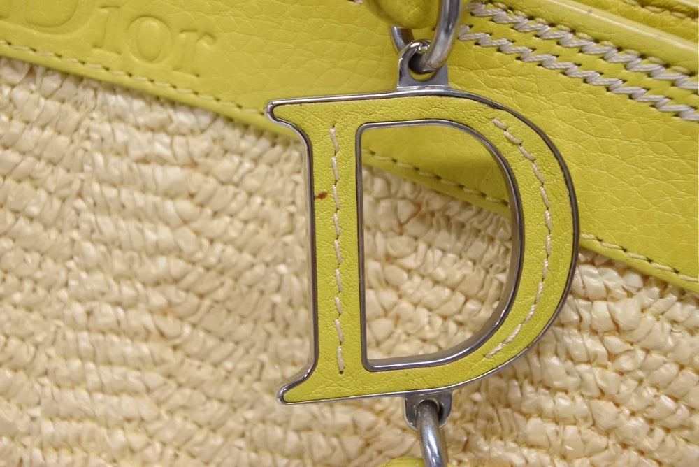 CHRISTIAN DIOR クリスチャンディオール トートバッグ ハンドバッグ フラワー 07-BO-1005 ラフィア レザー 美品 中古 4b009267